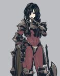  1girl armor axe berengaria_(unicorn_overlord) black_hair bodysuit boobplate breastplate crotch_plate gauntlets highres ishiyumi red_bodysuit red_eyes shield short_hair shoulder_plates simple_background solo spiked_armor thinking unicorn_overlord vanillaware 