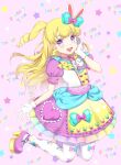  1girl :d animal_ears blonde_hair blue_bow blush bow commentary_request dress frilled_dress frills full_body gloves hair_bow hand_on_own_cheek hand_on_own_face hand_up idol_clothes idol_time_pripara kneeling long_hair looking_at_viewer open_mouth pantyhose pretty_series pripara puffy_short_sleeves puffy_sleeves purple_dress purple_eyes purple_footwear rabbit_ears ringlets shoes short_sleeves smile solo two_side_up unya_(unya-unya) white_gloves white_pantyhose yumekawa_yui 