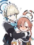  2girls ? ahoge apron arms_around_neck asymmetrical_bangs averting_eyes belt_pouch black_gloves blonde_hair blue_archive blue_bow blue_bowtie blue_eyes blush bow bowtie braid bun_cover chest_harness clenched_hands closed_mouth earrings fang fingerless_gloves frilled_apron frills gloves hair_bow halo harness highres hug jacket jewelry juliet_sleeves long_sleeves looking_at_another maid_apron maid_headdress mole mole_under_eye multiple_girls neru_(blue_archive) nose_blush pouch puffy_sleeves red_eyes red_hair short_eyebrows simple_background single_braid sukajan toki_(blue_archive) uni_gyoza wavy_mouth white_background 