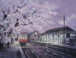  absurdres ballast building cherry_blossoms day highres nihonga no_humans original railroad_tracks shadow sunlight tanamachi_yoshihiro train train_station train_station_platform tree 