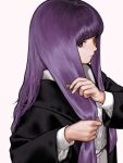 1girl black_coat blunt_bangs brushing_hair closed_mouth coat comb commentary_request dress expressionless fern_(sousou_no_frieren) highres holding holding_comb holding_hair long_hair long_sleeves looking_at_viewer nizuma open_clothes open_coat purple_eyes purple_hair purple_pupils ringed_eyes sideways_glance simple_background solo sousou_no_frieren upper_body very_long_hair white_background white_dress wide_sleeves 