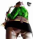 absurd_res anthro badgerclops balls bottomwear butt camcroc cartoon_network cheerleader clothed clothing crossdressing genitals hi_res male male/male mao_mao:_heroes_of_pure_heart musical_instrument overweight presenting presenting_hindquarters saxophone skirt slightly_chubby solo topwear wind_instrument woodwind_instrument