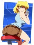  1girl ass blonde_hair blue_eyes bobby_santiago breasts cellphone counter earrings from_behind highres jcm2 jewelry large_breasts looking_back lori_loud makeup parted_lips phone short_shorts shorts sitting smartphone solo stool tank_top the_loud_house 