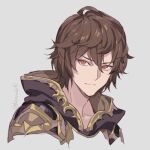  1boy ahoge artist_name brown_hair commentary_request granblue_fantasy grey_background hair_between_eyes hood hood_down looking_to_the_side male_focus messy_hair portrait pota_(bluegutty) red_eyes sandalphon_(granblue_fantasy) signature simple_background smile solo twitter_username 