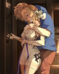  1boy 1girl bare_shoulders blonde_hair blue_eyes blue_hoodie blue_ribbon blush breasts brown_hair brown_pants cleavage collarbone covered_navel dress europa_(granblue_fantasy) flower gran_(granblue_fantasy) granblue_fantasy groin_outline hair_flower hair_ornament hetero highres hood hoodie hug hug_from_behind large_breasts nos open_mouth pants ribbon short_hair sleeve_rolled_up tiara white_dress 