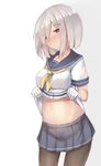  blue_eyes blue_skirt blush breasts collarbone eyebrows_visible_through_hair gloves gradient gradient_background grey_background hair_ornament hair_over_one_eye hairclip hamakaze_(kantai_collection) head_tilt highres kantai_collection kure_(kure_ng) looking_at_viewer medium_breasts navel pantyhose pleated_skirt school_uniform serafuku shiny shiny_hair shirt_lift short_hair short_sleeves silver_hair skirt solo standing stomach striped striped_skirt white_gloves 