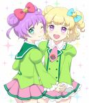  2girls :d ahoge avocado_academy_school_uniform blonde_hair blush bow commentary_request double_bun green_eyes green_jacket hair_bow hair_bun holding_hands idol_time_pripara interlocked_fingers jacket long_sleeves looking_at_viewer manaka_laala manaka_laala_(young) multiple_girls necktie one_eye_closed open_mouth pink_bow pink_necktie pink_skirt pleated_skirt pretty_series pripara purple_eyes purple_hair ringlets school_uniform short_hair skirt smile standing two_side_up unya_(unya-unya) yumekawa_yui 