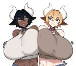 animal_humanoid bare_shoulders big_breasts black_ears black_eyes blonde_hair bovid bovid_humanoid bovine bovine_humanoid breast_squish breasts breasts_frottage brown_clothing brown_ears brown_shirt brown_topwear cattle_humanoid clothing collar cowbell dark_body dark_skin duo eye_contact female hair hi_res horn huge_breasts human humanoid looking_at_another mammal mammal_humanoid midriff motion_lines navel open_mouth pouting shirt short_hair simple_background squish topwear white_background white_clothing white_horn white_shirt white_topwear wozzu1 yellow_eyes