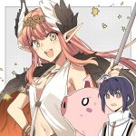  1girl 1other ahoge black_hair bracelet breasts brown_eyes circe_(fate) ebi_fly_55 fate/samurai_remnant fate_(series) grey_background head_wings highres holding holding_staff jewelry long_hair miyamoto_iori_(fate) navel necklace pig pink_eyes pink_hair pointy_ears small_breasts staff wings yamato_takeru_(fate) 