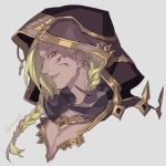  1boy artist_name beelzebub_(granblue_fantasy) braid cleavage_cutout clothing_cutout commentary_request cross dark-skinned_male dark_skin earrings evil_smile facial_mark floating_hair from_side furrowed_brow gold_earrings gold_trim granblue_fantasy hair_between_eyes hood hood_up jewelry looking_at_viewer male_focus multiple_earrings parted_lips pectoral_cleavage pectorals portrait pota_(bluegutty) profile purple_lips red_eyes shaded_face signature smile solo twin_braids twitter_username 