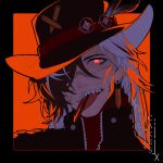  1boy black_hair black_hat boothill_(honkai:_star_rail) feathers hair_over_one_eye hat hat_feather highres honkai:_star_rail honkai_(series) long_hair looking_at_viewer male_focus open_mouth red_background red_eyes sharp_teeth solo teeth tongue tongue_out white_hair xrice_cakesx 