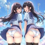 2girls absurdres ass black_hair black_thighhighs blue_sailor_collar blue_skirt blue_sky cherry_blossoms closed_eyes clothes_lift cloud commentary_request commission day floating_hair highres long_hair multiple_girls nikki_(n2kkey) open_mouth original outdoors panties pantyshot pixiv_commission pleated_skirt sailor_collar school_uniform serafuku shirt sidelocks skirt skirt_lift sky smile standing thighhighs thighs trefoil underwear uniform white_shirt wind wind_lift yellow_eyes 