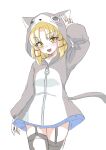  0002koko 1girl :d absurdres alternate_costume animal_ear_hood arm_at_side arm_up black_thighhighs blonde_hair blue_skirt blush casual cat_tail commentary_request cowboy_shot fake_tail garter_straps grey_hoodie hair_ribbon highres hood hood_up hoodie looking_at_viewer medium_hair miniskirt moriya_suwako open_mouth red_ribbon ribbon sidelocks simple_background sketch skirt sleeves_past_wrists smile solo tail thighhighs touhou tress_ribbon tsurime v white_background yellow_eyes zettai_ryouiki 