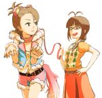 2girls akizuki_ritsuko animal_ears antenna_hair bare_shoulders belt belt_collar black-framed_eyewear black_belt black_eyes blue_nails blue_vest blunt_bangs braid braided_ponytail brown_hair claw_pose collar commentary_request cowboy_shot dog_tail fake_animal_ears fake_tail frown fur-trimmed_shorts fur_trim futami_ami glasses hand_on_own_hip hand_up hands_up highres holding holding_leash idolmaster idolmaster_(classic) jitome leash long_hair looking_at_another low_ponytail mappy_(minogue) mouse_ears multiple_girls nail_polish open_clothes open_mouth open_vest orange_skirt pink_belt pink_nails pink_shorts short_hair short_sleeves shorts simple_background skirt smile smug sweatdrop tail v-shaped_eyebrows vest white_background yellow_nails 