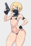  1girl balaclava bikini black_bikini black_gloves blonde_hair blue_eyes breasts cowboy_shot fingerless_gloves flag_print german_flag german_flag_bikini gloves grey_background gun h&amp;k_usp handgun highres iq_(rainbow_six_siege) navel nisetanaka rainbow_six_siege short_hair simple_background small_breasts solo stomach string_bikini swimsuit trigger_discipline weapon 