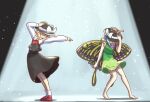  2girls ascot barefoot blonde_hair blue_hair bow butterfly_wings closed_mouth commentary_request dress eternity_larva fedora full_body green_dress hand_on_headwear hat hat_bow insect_wings light long_sleeves multiple_girls red_ascot red_footwear rumia short_hair smile socks standing touhou white_socks wings yoruniwa 