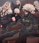  1girl 4boys 9s_(nier:automata) :3 a2_(nier:automata) black_blindfold black_gloves blindfold blood boots can covered_eyes crossover cyborg devil_may_cry_(series) devil_may_cry_5 embarrassed energy_drink final_fantasy final_fantasy_vii gloves grey_eyes headband highres holding holding_can holding_head holding_sword holding_weapon laughing long_hair long_sleeves looking_at_viewer metal_gear_(series) metal_gear_rising:_revengeance mole mole_under_mouth monster_energy multiple_boys nier:automata nier_(series) nosebleed one_eye_covered puffy_sleeves raiden_(metal_gear) robot sephiroth short_hair smile sword theater_seating vergil_(devil_may_cry) weapon white_hair yoracrab 