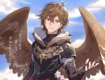 1boy ahoge armor artist_name bishounen blue_sky breastplate brown_hair brown_wings cloud cloudy_sky commentary_request facing_viewer feathered_wings fingerless_gloves gloves granblue_fantasy hair_between_eyes hood hood_down looking_at_viewer male_focus messy_hair parted_lips pota_(bluegutty) reaching reaching_towards_viewer red_eyes sandalphon_(granblue_fantasy) shoulder_armor signature sky smile solo translation_request turtleneck twitter_username upper_body wings 