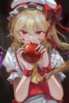  1girl absurdres apple ascot blonde_hair blood blood_on_face cowboy_shot crystal_wings flandre_scarlet food frills fruit hat highres mob_cap porkadas22 puffy_sleeves red_eyes red_ribbon ribbon solo touhou wrist_cuffs yellow_ascot 