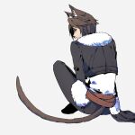  1boy animal_ears belt black_jacket black_pants blue_eyes brown_hair cat_boy cat_day cat_ears cat_tail commentary cropped_jacket crossed_legs facing_away fermium.ice final_fantasy final_fantasy_viii full_body fur-trimmed_jacket fur_trim glaring grey_background highres jacket kemonomimi_mode leather_belt light_frown long_sleeves looking_back male_focus multiple_belts pants shirt short_hair simple_background sitting solo squall_leonhart tail waist_cape white_fur white_shirt 