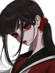  1girl absurdres black_hair blunt_bangs danganronpa_(series) danganronpa_v3:_killing_harmony hair_ornament hair_scrunchie harukawa_maki highres long_hair looking_at_viewer low_twintails mi_loveyouuu mole mole_under_eye red_eyes red_scrunchie red_shirt sailor_collar scrunchie shirt solo twintails 