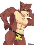 5_fingers andromorph anthro canid canine chest_fur clothed clothing clothing_pull fan_character fingers fur hi_res intersex jockstrap jockstrap_only jockstrap_pull laterale looking_at_viewer male male/male mammal multicolored_body multicolored_fur partially_clothed solo topless underwear underwear_down underwear_only underwear_pull