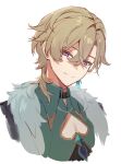  1boy absurdres aqua_shirt aventurine_(honkai:_star_rail) blonde_hair clothing_cutout collared_shirt earrings fur_trim hair_between_eyes highres honkai:_star_rail honkai_(series) jewelry looking_at_viewer male_focus multicolored_eyes pectoral_cleavage pectorals portrait shirt short_hair smile solo white_background yonaga_tsuki25 