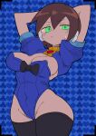  1girl absurdres aile_(mega_man_zx) arms_behind_head arms_up black_thighhighs blue_background blue_jacket blue_leotard breasts brown_hair buzzlyears cleavage club_(shape) covered_navel cowboy_shot cropped_jacket diamond_(shape) green_eyes heart highres jacket large_breasts leotard mega_man_(series) mega_man_zx robot_ears short_hair short_sleeves solo spade_(shape) thighhighs 