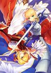  aestus_estus ahoge armor armored_dress artoria_pendragon_(all) blonde_hair blue_dress blue_eyes breastplate breasts cleavage dress excalibur fate/extra fate/stay_night fate_(series) faulds green_eyes hair_intakes looking_at_viewer medium_breasts multiple_girls nero_claudius_(fate) nero_claudius_(fate)_(all) puffy_sleeves red_dress saber smile yeruen 