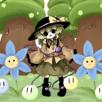  1girl :d beamed_sixteenth_notes black_eyes black_hat bow buttons crossover diamond_button eighth_note eyeball flower frilled_sleeves frills grass green_hair green_skirt hat hat_ribbon heripantomorrow komeiji_koishi long_sleeves mopemope musical_note open_mouth outdoors quarter_note ribbon short_hair skirt smile solo third_eye touhou wide_sleeves 