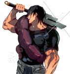  1boy absurdres arm_at_side arm_up bara biceps black_eyes black_hair black_shirt closed_mouth cowboy_shot cursed_spirit_(jujutsu_kaisen) diffraction_spikes drawstring fingernails fushiguro_touji grey_pants highres holding holding_weapon inverted_spear_of_heaven_(jujutsu_kaisen) isaacchief300 jujutsu_kaisen looking_up male_focus mature_male muscular muscular_male over_shoulder paint_splatter pants profile shirt shirt_tucked_in short_hair short_sleeves simple_background skin_tight small_pupils smile solo standing straight_hair three_quarter_view veins veiny_arms weapon weapon_over_shoulder white_background 