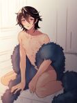  1boy bite_mark blush cain_(granblue_fantasy) collarbone full_body fur_scarf granblue_fantasy hair_between_eyes half-closed_eyes hickey konsui_(grcoma) looking_at_viewer male_focus nipples nude on_bed open_mouth short_hair simple_background sitting solo swept_bangs twitter_username 