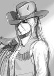 1girl 959 collared_shirt cowboy_hat cowgirl_(western) freckles gloves greyscale hair_behind_ear hair_between_eyes hand_on_own_shoulder hat highres looking_at_viewer monochrome original ponytail shirt smile solo upper_body vest 