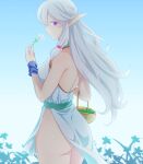  1girl ass back bag breasts cowboy_shot dress elf flower grey_hair ham_pon highres holding holding_bag holding_flower large_breasts long_hair looking_at_viewer looking_back no_panties original parted_lips pointy_ears purple_eyes simple_background sleeveless sleeveless_dress solo white_dress white_flower wrist_cuffs 