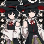  2others androgynous bare_shoulders black_hair black_hat black_vest commentary_request enraku_tsubakura euthan eye_of_senri eye_on_hat green_hakama hakama hat highres japanese_clothes large_hat len&#039;en long_sleeves multiple_others neck_ribbon oversized_hat red_ribbon ribbon senri_tsurubami shirt sleeveless sleeveless_shirt top_hat vest white_shirt white_sleeves wide_sleeves 