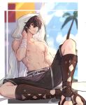  1boy abs absurdres ayer bandaged_arm bandages bandaid bandaid_on_face bandaid_on_nose blurry blurry_background border brown_hair collarbone commentary_request crossed_ankles foreshortening full_body gladiator_sandals granblue_fantasy green_shorts hair_between_eyes highres hood hoodie knee_up looking_ahead male_focus nagisazuki navel nipples palm_tree pectorals purple_eyes sandals short_hair shorts sitting solo summer sweat swept_bangs toned toned_male topless_male tree twitter_username white_border white_hoodie 