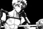  &gt;:( 1boy black_background boxing_gloves boxing_ring curly_hair exoskeleton gear_(megalo_box) greyscale joe_(megalo_box) kakkoaki male_focus megalo_box monochrome scar scar_on_arm scar_on_face short_hair solo too_many too_many_scars topless_male v-shaped_eyebrows 