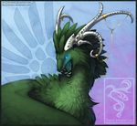  2008 ambiguous_gender blue_eyes curved_horn dragon feathered_dragon feathers feral fur green_feathers green_fur horn open_mouth shinerai teeth 