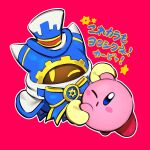  blue_bow blue_eyes blue_hat blue_hood blush_stickers bow gears gogoheaven_welcomehell hat highres holding_hands kirby kirby&#039;s_return_to_dream_land kirby_(series) magolor no_humans one_eye_closed outline pink_background simple_background top_hat translation_request white_outline yellow_eyes 
