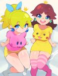  2girls :d aetherion blonde_hair blue_eyes blush brown_hair character_print earrings flipped_hair highres jewelry kirby kirby_(series) long_shirt looking_at_viewer mario_(series) multiple_girls open_mouth pikachu pink_shirt pokemon ponytail princess_daisy princess_peach print_shirt shirt shorts sitting smile sphere_earrings thighhighs yellow_shirt yellow_shorts 