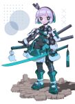  1girl absurdres armor black_eyes black_hairband cheri_zao dress energy_sword expressionless full_body green_dress green_eyes hairband highres holding holding_sword holding_weapon joints katana konpaku_youmu looking_at_viewer multiple_swords revision ringed_eyes robot_girl robot_joints scabbard sheath short_hair shoulder_armor sleeveless sleeveless_dress solo standing sword touhou weapon white_background white_hair 