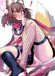  ! 1girl absurdres animal_ear_fluff animal_ears blue_archive brown_hair fishnet_thighhighs fishnets fox_ears fox_girl fox_hair_ornament fox_tail green_eyes gun hair_ornament halo highres izuna_(blue_archive) knees_up looking_at_viewer medium_hair panties pantyshot pink_halo pink_scarf pom_pom_(clothes) pom_pom_hair_ornament rifle scarf single_thighhigh sitting tail thigh_strap thighhighs underwear weapon white_panties wisespeak 