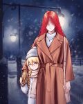  1boy 1girl absurdres alternate_costume bag beanie blonde_hair braid brother_and_sister brown_jacket closed_mouth commentary contemporary elden_ring english_commentary handbag hat height_difference highres holding_hands jacket jewelry jinu_(pixiv84296916) long_hair long_sleeves looking_at_viewer malenia_blade_of_miquella miquella_(elden_ring) mittens necklace night no_eyes otoko_no_ko outdoors pink_bag pink_scarf prosthesis prosthetic_arm red_hair ribbed_sweater scarf siblings side_braid snow snowing sweater turtleneck turtleneck_sweater twins white_sweater winter_clothes yellow_eyes 
