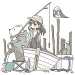  1girl bear bird black_hair black_pants boat bottle bucket closed_mouth cooler east_sha2 fish fishing_rod highres holding holding_fishing_rod long_hair original pants polar_bear seagull sitting solo watercraft 