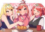  1girl bare_shoulders blonde_hair breasts chest_jewel core_crystal_(xenoblade) eating food glimmer_(xenoblade) high_ponytail highres holding holding_food jewelry large_breasts long_hair mythra_(xenoblade) osora_(judithandlilith) ponytail pyra_(xenoblade) red_hair short_hair swept_bangs tiara very_long_hair xenoblade_chronicles_(series) xenoblade_chronicles_2 xenoblade_chronicles_3 xenoblade_chronicles_3:_future_redeemed yellow_eyes 
