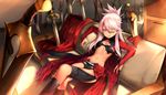  ;p black_panties bridal_gauntlets cape chloe_von_einzbern command_spell couch crossed_legs dark_skin fate/kaleid_liner_prisma_illya fate/stay_night fate_(series) field_of_blades folded_ponytail foreshortening hair_between_eyes highres kanshou_&amp;_bakuya long_hair looking_at_viewer one_eye_closed panties parody pink_hair planted_sword planted_weapon revealing_clothes rubellent sitting smile solo stomach sword tongue tongue_out too_many_weapons underwear weapon yellow_eyes 