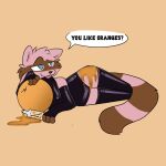 anthro dripping female food hi_res latex mammal poppy_(skellyroon) procyonid raccoon skellyroon solo taunting text