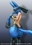  1girl artist_request ass bodysuit breasts butt cosplay disguise do_not_distribute female fursuit human kemono_inukai lucario mammal nintendo nipples nude pok&#233;mon pokemon red_eyes solo sweat undressing video_games 