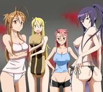  antenna_hair apron ass blonde_hair breasts brown_eyes brown_hair busujima_saeko covered_nipples groin highschool_of_the_dead large_breasts long_hair marikawa_shizuka miyamoto_rei multiple_girls no_pants panties pink_hair purple_hair ribonzu side-tie_panties sideboob smile takagi_saya tank_top thong twintails underwear 