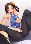  alternate_costume amei_sumeru bare_shoulders black_hair blush breasts brown_eyes chun-li highres huge_breasts impossible_clothes nipple_slip nipples pantyhose puffy_nipples sideboob solo street_fighter torn_clothes torn_legwear wince 